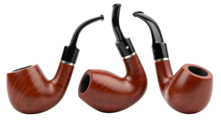 Three classic wooden smoking pipes with black stems