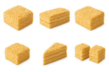Assorted square layered sponge cakes with creamy filling and golden crusts