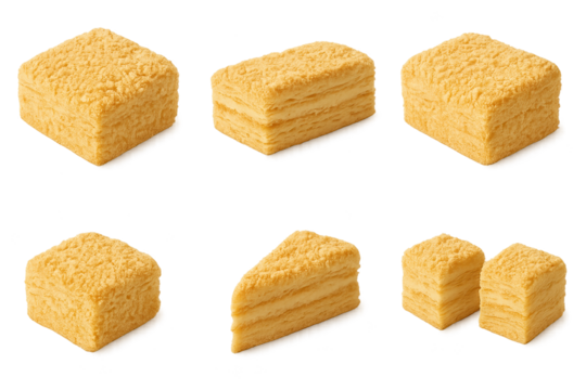 Assorted square layered sponge cakes with creamy filling and golden crusts