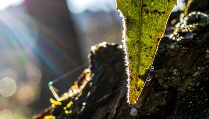 Sunlit Leaf and Spiderweb on Tree Bark Nature Photography