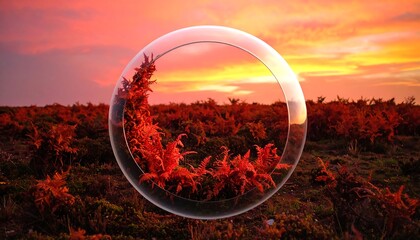 Sunset Sky Over Red Plants in a Transparent Sphere Nature Landscape