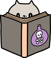 color halloween doodle cat reading poison book 
