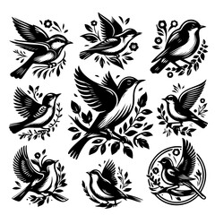Collection of artistic black and white bird illustrations with floral and foliage elements in various poses