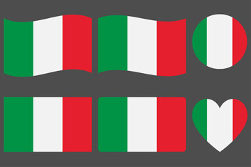 Fototapeta premium Flag of Italy. Flag icon. Standard colours. wave flag Standard sizes. Rectangular flag. Computer illustration. Italian flag in round and heart shape. Vector illustration.