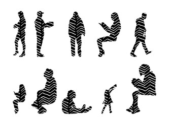 Vector illustration, Outline silhouettes of people, Contour drawing, people silhouette, Icon Set Isolated , Silhouette of sitting people, Architectural set
