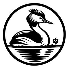 Illustration of a grebe swimming in water with a flower in a circle in black and white style design