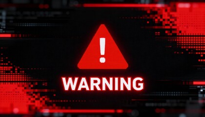 A virus alert warning displayed on a digital screen with red danger symbols and glitch effects, in a futuristic environment	
