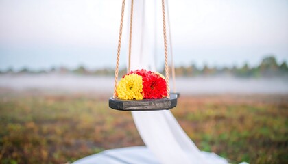 Swing with Flowers in Field with Foggy Background