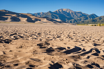 Great Sand Dunes National Park in Colorado, USA. Curves of sand dunes casting shadow against the clear blue sky. Desert landscape and the tallest dunes in North America.