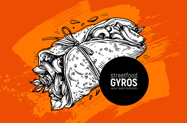 An Exquisite and Delicious Gyros Wrap Illustration Perfect for Street Food Lovers and Enthusiasts. Hand drawn sketch vector illustration
