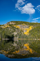Bear Lake, a scenic trailhead and destination in Rocky Mountain National Park, Colorado, USA. Alpine lake landscape water reflection during fall foliage or autumn season