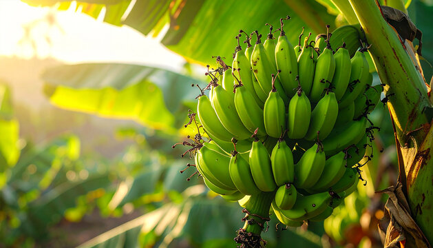 bunch of raw green bananas attached with tree branch, banana tree. - Powered by Adobe