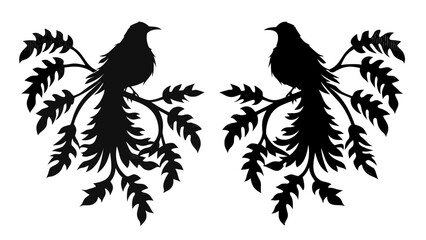 Elegant black bird silhouettes perched on a detailed leafy branch arrangement, perfect for artistic designs and nature themes