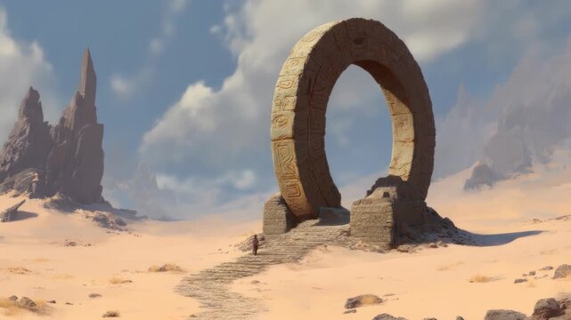 A lone figure walks towards a large, ancient stone ring in a desert landscape. Mountains and rock formations frame the scene with a cloudy sky