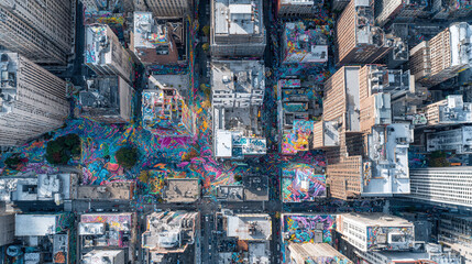 Fototapeta premium Aerial shot of a vibrant city. Colorful graffiti art adorns buildings, creating a striking urban landscape. Illustrates transformation, urban renewal, and artistic expression.