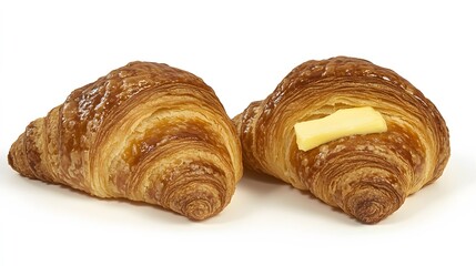 Two golden croissants with butter on a white background studio shot