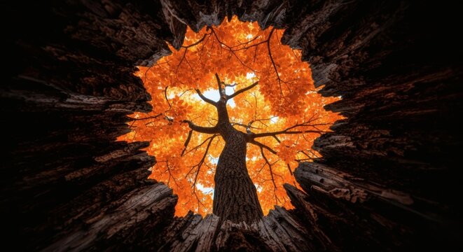 A breathtaking low-angle perspective looking up a hollow tree trunk at a vibrant orange maple tree against the bright sky during autumn