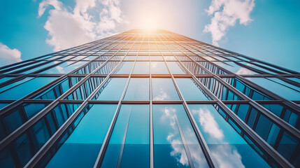 A low-angle view of a modern office skyscraper.