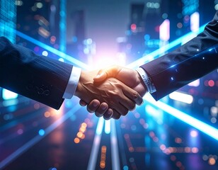 Human shaking hands with AI robot in cyberpunk city