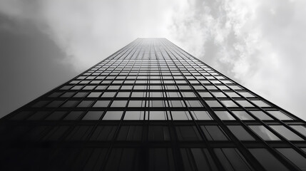 A low-angle view of a modern office skyscraper.