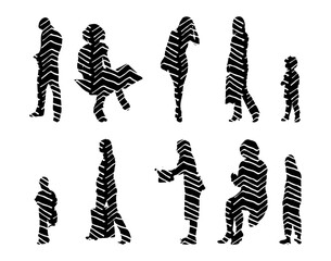 Vector illustration, Outline silhouettes of people, Contour drawing, people silhouette, Icon Set Isolated , Silhouette of sitting people, Architectural set