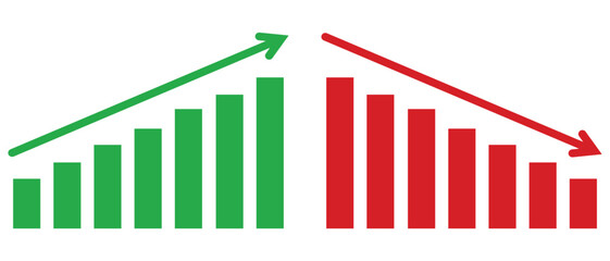 Business investment growth up and down icon. Stock market trend increase and decrease sign. Upward or downward  bar chart, profit and loss statistics. Vector illustration flat design.