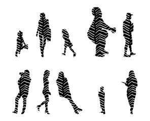 Vector illustration, Outline silhouettes of people, Contour drawing, people silhouette, Icon Set Isolated , Silhouette of sitting people, Architectural set