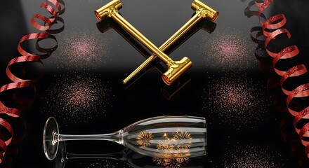 Luxurious Celebration Mockup Golden Gavels, Decorated Champagne Flute, and Festive Ribbons on a Dark Reflective Surface with Glitter Accents for Special Occasions