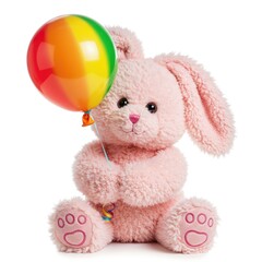 Soft Pink Bunny Holding Colorful Balloon Sitting on White Background