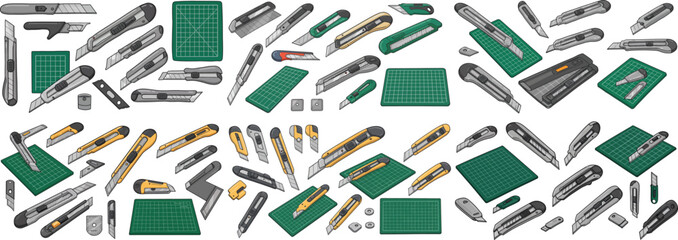 A collection of various cutting tools and mats, showcasing multiple designs and features.