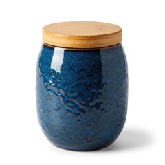 Ceramic Jar with Wood Lid Shiny Dark Blue Container Isolated