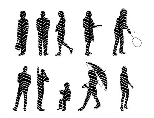 Vector illustration, Outline silhouettes of people, Contour drawing, people silhouette, Icon Set Isolated , Silhouette of sitting people, Architectural set