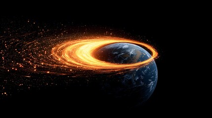 An image of a planet, possibly Earth, surrounded by a vibrant, fiery ring or trail of energy that emits a golden glow against a stark black background, evoking space and cosmic wonder.