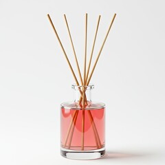 Elegant Reed Diffuser with Pink Liquid and Wooden Sticks on White Background