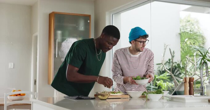 Friends, men and tablet in kitchen for cooking tutorial, baking guide and organic meal prep. Tech, food and recipe with online instructions for diet, pizza topping and vegetable ingredients in home