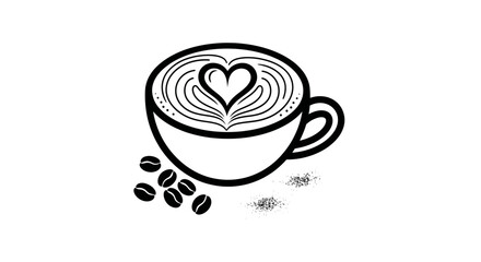 Coffee cup with heart shape latte art and coffee beans illustration.