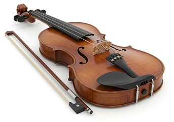 Wooden Violin with Bow Isolated on White Background