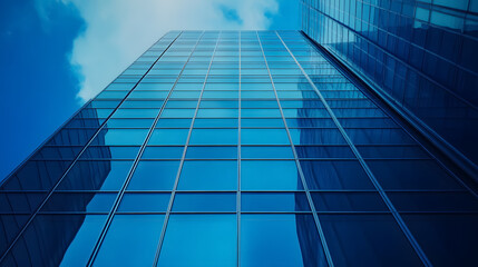 Obraz premium A low-angle view of a modern office building with blue-tinted glass windows.