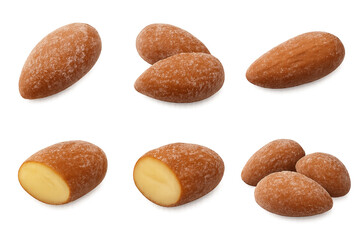Six sugar-dusted almonds, some whole and split, with pale creamy centers visible
