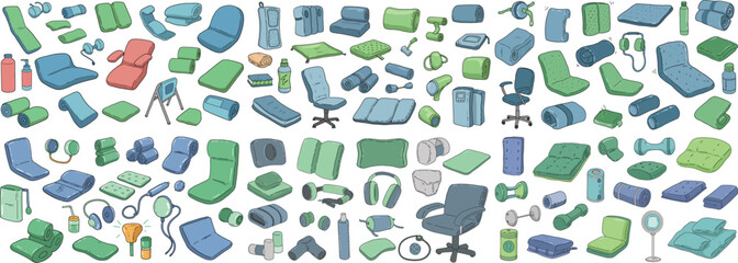 A colorful assortment of various furniture and fitness items in a playful, hand-drawn style.