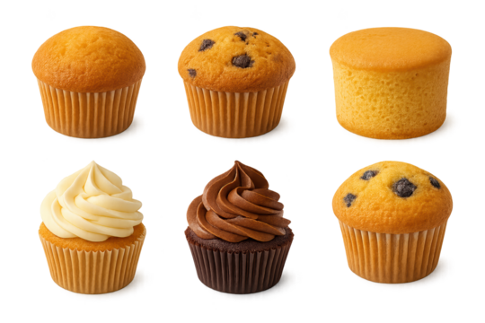 Six assorted cupcakes and muffins in diverse frostings flavors