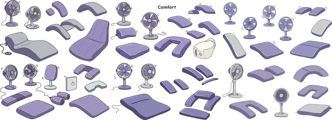 A variety of furniture and fans in shades of purple, designed for comfort and relaxation.