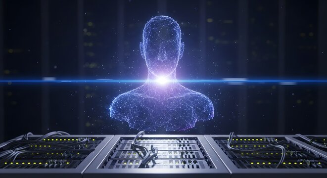 Digital human hologram above server racks in a dark data center with a blue light effect on top