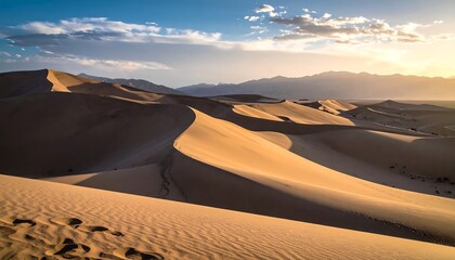Majestic landscape showcasing desert dunes under a dramatic sky and mountain backdrop bathed in warm sunlight