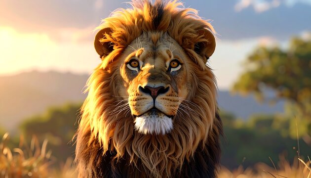 Majestic male cat, golden fur, intense gaze, serene African savanna backdrop, sunlight, wildlife portrait - Powered by Adobe