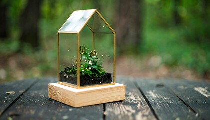 Terrarium Display on Wooden Table with Greenery and Natural Elements