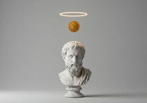Bearded marble bust with a floating Bitcoin and a glowing halo above it - Powered by Adobe