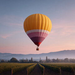 Fototapeta premium Dreamlike scenery featuring a hot air balloon floating over a vineyard at dawn. Represents travel, freedom, adventure, and peaceful escape. Ideal for travel, lifestyle, or aspirational content.