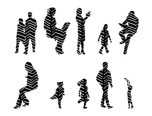 Vector illustration, Outline silhouettes of people, Contour drawing, people silhouette, Icon Set Isolated , Silhouette of sitting people, Architectural set