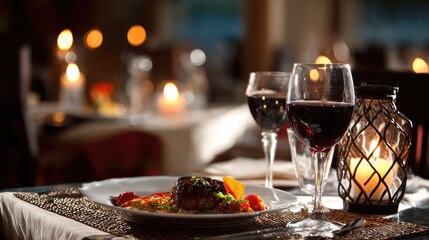 Romantic Dinner Setting with Red Wine and Candlelight at a Cozy Restaurant Table